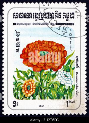 KAMBODSCHA - UM 1983: Eine in Kambodscha gedruckte Marke zeigt ranunculaceae, blühende Pflanze, um 1983 Stockfoto