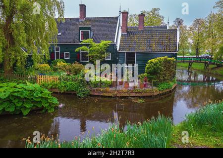 Schönes Holzhaus mit grünem Innenhof und Holzbrücke über den Wasserkanal in dem kleinen niederländischen Dorf, Zaanse Schans, Niederlande, Europa Stockfoto