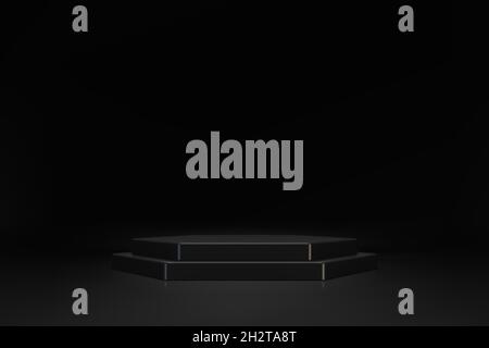 Minimale 3D-Szene mit schwarzem doppeltem Hexaeder-Podium auf dunklem Hintergrund. Leere Bühne für Produktpräsentation. Realistische Vektorplattform mit kostenlosem Spa Stock Vektor