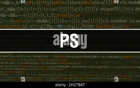 PS-Konzeptdarstellung mit Code für die Entwicklung von Programmen und Apps. PS-Website-Code mit bunten Tags in der Browseransicht auf dunklem Hintergrund. PS auf bina Stockfoto