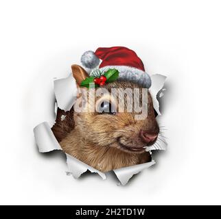 Holiday Squirrel trägt einen roten Weihnachtshut aus Papier mit 3D-Illustrationen. Stockfoto