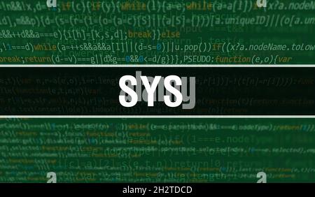 Sys Konzept Illustration mit Code für die Entwicklung von Programmen und App. Sys Website-Code mit bunten Tags in der Browser-Ansicht auf dunklem Hintergrund. Sys o Stockfoto