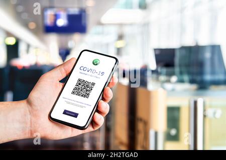 Covid-Pass-Zertifikat am Flughafen. Digitales Corona-Virus-Impfdokument per Telefon. Elektronischer Nachweis der Coronavirus-Impfung. Internationale Reisen. Stockfoto