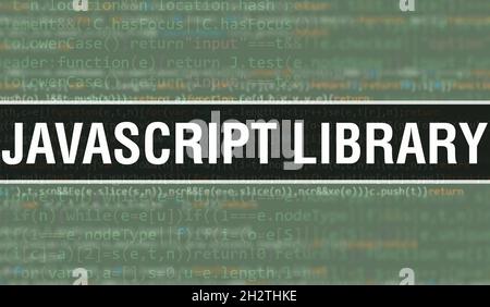 JavaScript-Bibliothek Konzept Illustration mit Code für die Entwicklung von Programmen und App. JavaScript-Bibliothek Website-Code mit bunten Tags in Browser vie Stockfoto