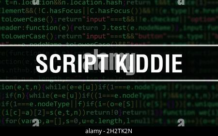 Skript kiddie Konzept Illustration mit Code für die Entwicklung von Programmen und App. Skript kiddie Website-Code mit bunten Tags in der Browser-Ansicht auf dunkel Stockfoto