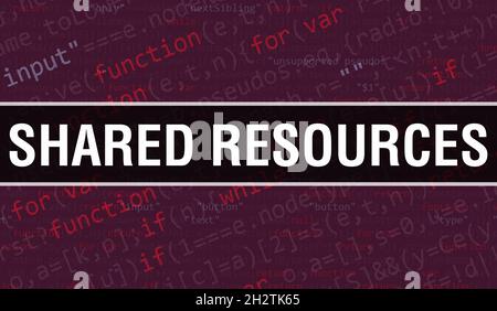 Shared Resources Konzeptdarstellung mit Code für die Entwicklung von Programmen und Apps. Website-Code für freigegebene Ressourcen mit farbigen Tags in der Browseransicht auf Stockfoto