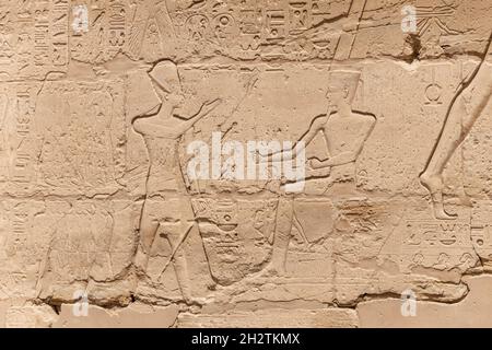 Altägyptische Wandmalereien und Schriften an den Steinmauern des Karnak-Tempels in Luxor Stockfoto