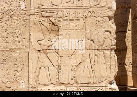 Altägyptische Wandmalereien und Schriften an den Steinmauern des Karnak-Tempels in Luxor Stockfoto