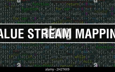 Wertstromanordnung mit Binärcode-Digitaltechnologie-Hintergrund. Abstrakter Hintergrund mit Programmcode und Wertstromapping. Programmierung und c Stockfoto