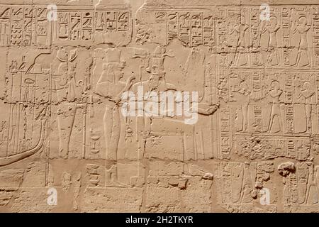 Altägyptische Wandmalereien und Schriften an den Steinmauern des Karnak-Tempels in Luxor Stockfoto