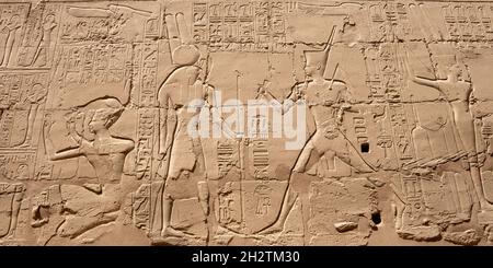 Altägyptische Wandmalereien und Schriften an den Steinmauern des Karnak-Tempels in Luxor Stockfoto