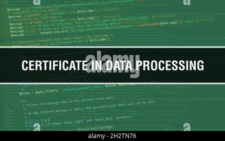 Zertifikat in der Datenverarbeitung mit Binärcode-Digitaltechnologie-Hintergrund. Abstrakter Hintergrund mit Programmcode und Zertifikat in Data ProcessIn Stockfoto
