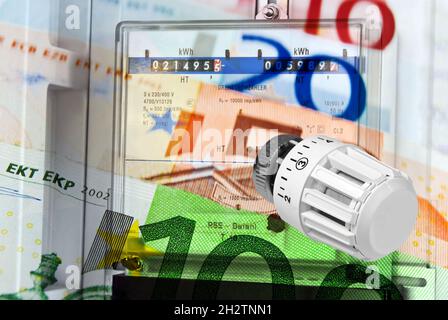 Stromzähler und Heizventil Energiekosten mit Euro-Banknoten Konzept abstrakt Stockfoto