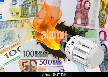 Heizventil mit Flamme verbrennt Euro-Banknoten Energiekosten Konzeptabstrakt Stockfoto