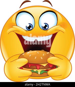 Hungriger Emoji-Emoticon beim Essen eines veganen Burger Stock Vektor