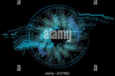 Techno Eye mit Motherboard-Muster isoliert auf schwarzem Hintergrund. Überlagerte EPS10-Vektorgrafik. Vorlage für Ihr Informationsdesign. Stock Vektor