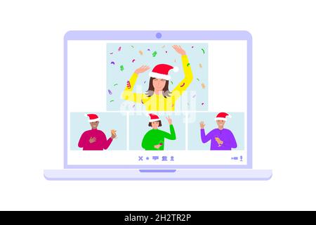 Online Weihnachten oder Neujahr Home Party Konzept. Menschen auf dem Laptop-Bildschirm feiern, tanzen, kommunizieren. Vektorgrafik flach. Stock Vektor