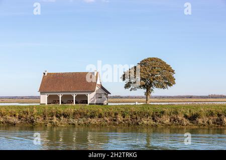 Isoliertes Haus und Bäume mit Herbstlaub auf einem Deich entlang des Flusses Somme. Saint-Valery, Frankreich Stockfoto