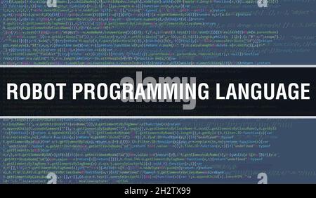 Roboterprogrammierung Sprachkonzept mit zufälligen Teilen des Programmcodes. Roboterprogrammiersprache mit abstraktem Technologiehintergrund für Programmiercode Stockfoto