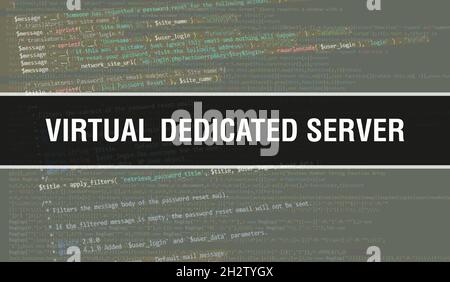 Virtual Dedicated Server Konzept Illustration mit Code für die Entwicklung von Programmen und App. Virtual Dedicated Server Website Code mit bunten Tags in Stockfoto