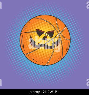 halloween Kürbis Gesicht Basketball, Sportartikel Comic-Illustration Stock Vektor