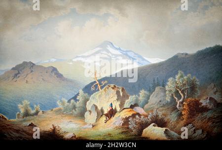 Ein Sommer Blick auf Vallispike Gebiet in Ruotivare mit Sami Menschen und einer bergigen Landschaft. Ein Bild von 1866. Lappland, Europa. Eine private Sammlung. Stockfoto