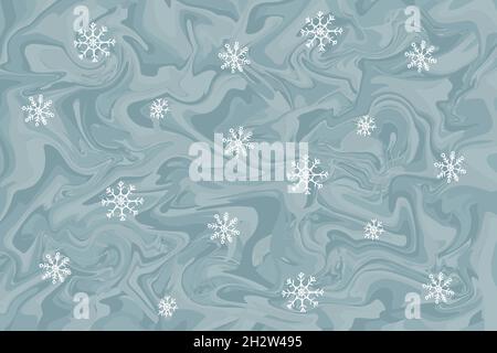 Marmor Winter Hintergrund mit Schneeflocken. Ausgefallenes flüssiges Design. Weihnachtskarte. Abstrakte blaue Hintergrundfarbe. Steinmauer. Vektorstruktur. Stock Vektor