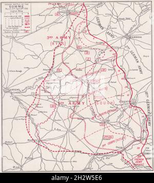 Vintage-Karte der Somme-Schlacht - Territorium, das von Alliierten bzw. Deutschen in den beiden Schlachten der Somme während des Ersten Weltkriegs 1918 gewonnen wurde. Stockfoto