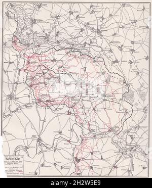 Vintage-Karte der Somme-Schlacht - Territorium, das von Alliierten bzw. Deutschen in den beiden Schlachten der Somme während des Ersten Weltkriegs 1916 gewonnen wurde. Stockfoto