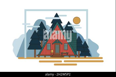 Rotes Holzhaus auf Stelzen. Eine Hütte mit einem grünen Dach vor dem Hintergrund einer Waldlandschaft. Konzept für den Druck von Webseiten oder Karten. Vektorgrafik Stock Vektor