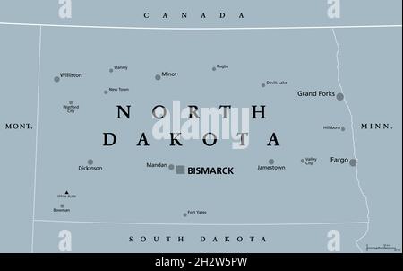 North Dakota, ND, graue politische Karte, mit Hauptstadt Bismarck. Staat in der oberen Mittelwestregion der Vereinigten Staaten von Amerika, Peace Garden State. Stockfoto