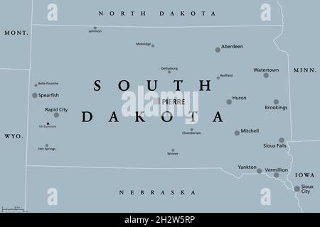 South Dakota, SD, graue politische Karte, mit der Hauptstadt Pierre und der größten Stadt Sioux Falls. Staat in der Upper Midwestern Subregion der Vereinigten Staaten. Stockfoto