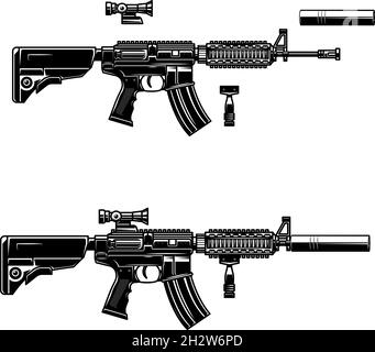 Illustration des amerikanischen automatischen Sturmgewehrs. Gestaltungselement für Logo, Etikett, Schild, Emblem, Plakat. Vektorgrafik Stock Vektor