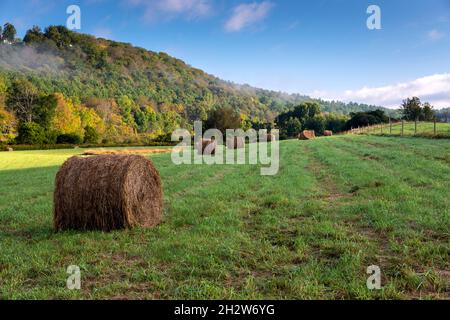 Morgenszene mit Heuballen im Süden von Vermont mit takonischer Bergkulisse. Stockfoto