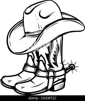 Illustration eines Cowboy-Hutes und Cowboy-Stiefeln im monochromen Vintage-Stil. Gestaltungselement für Logo, Etikett, Schild, Emblem, Plakat. Vektorgrafik Stock Vektor