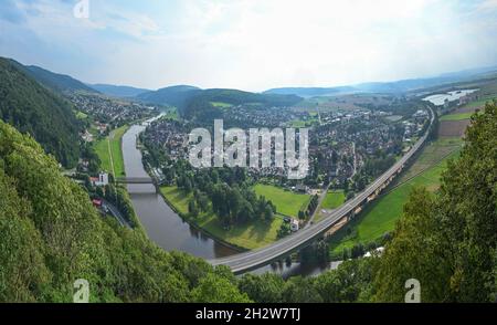 Blick vom Eckberg, Münchhausenstadt Bodenwerder, Niedersachsen, Deutschland Stockfoto