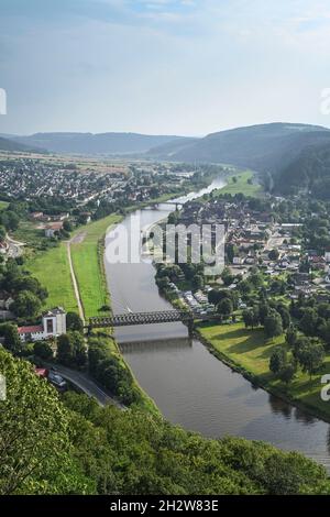 Blick vom Eckberg, Münchhausenstadt Bodenwerder, Niedersachsen, Deutschland Stockfoto