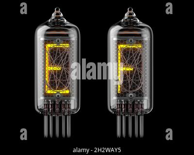 Nixie-Röhrenanzeige. Buchstaben e und f auf schwarzem Hintergrund. 3d-Illustration Stockfoto