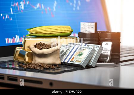 Gebrauchsgüter auf der Laptop-Tastatur. Börsenmarkt Handelsplattform auf dem Bildschirm des pc. 3d-Illustration Stockfoto