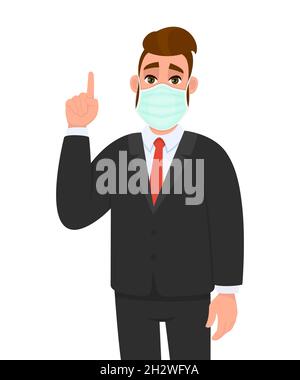 Junger Geschäftsmann, der eine medizinische Maske trägt und mit dem Finger nach oben zeigt. Trendy Hipster Person Abdeckung Gesichtsschutz und gestikulierenden Hand Zeichen. Stock Vektor