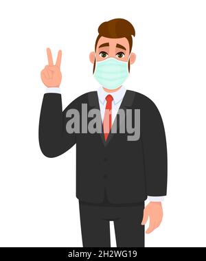 Junger Geschäftsmann, der eine medizinische Maske trägt und ein Zeichen des Sieges und des Friedens zeigt. Trendy Hipster Person Abdeckung Gesichtsschutz und gestikulierenden Hand Symbol. Stock Vektor