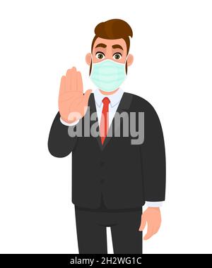 Junger Geschäftsmann mit medizinischer Maske und Stoppschild mit Handfläche. Trendige Hipster Person Gestik Warnsymbol. Männliche Charakterabdeckung Stock Vektor