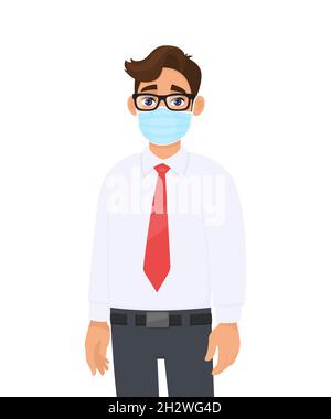 Junger Geschäftsmann bedeckt das Gesicht mit einer medizinischen Maske. Trendige Person trägt eine hygienische Gesichtsmaske. Umweltbewusstsein und Virenschutz. Stock Vektor