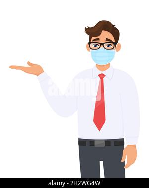 Junger Geschäftsmann bedeckt das Gesicht mit einer medizinischen Maske und präsentiert die Hand, um den Raum zu kopieren. Trendige Person trägt eine hygienische Gesichtsmaske und zeigt. Stock Vektor