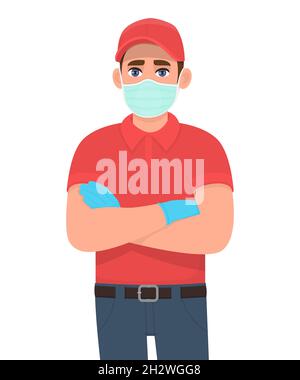 Lieferer oder Kurier in Maske und Handschuhen mit gekreuzten Armen. Person, die mit gefalteten Händen steht und posiert. Ausbruch der Corona-Virus-Epidemie. Stock Vektor