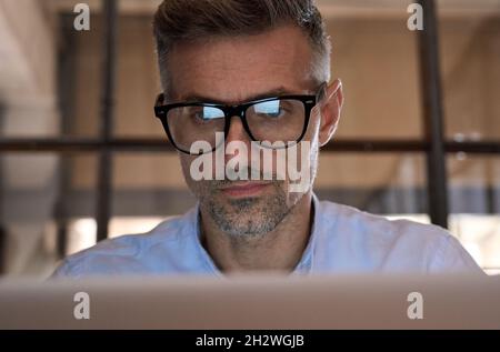 Konzentrierter Geschäftsmann, der in einer Brille auf den Computerbildschirm schaut. Stockfoto