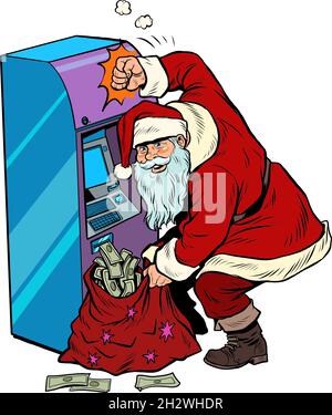 Geldautomat schüttet Geld aus, Weihnachtsmann bekommt einen Weihnachtsfeiertagsbonus Stock Vektor