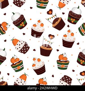 Cupcakes Kürbis Vektor nahtlose Muster auf weißem Hintergrund. Stock Vektor