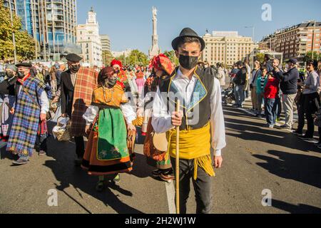 Tausend Merinoschafe und hundert Retinto-Ziegen aus der transhumanten Herde sind bereits in der Gemeinde Madrid, um an diesem Sonntag auf der Calle Mayor und dem Paseo de Recoletos in Madrid, neben anderen zentralen Straßen, zum XXVIII. Festival von Trashumance zu reisen. Die transhumante Herde, die von der Trashumancia y Naturaleza Association und der Consejo de la Mesta Association geleitet wird, kehrt daher nach einem Sommerurlaub auf den Weiden Nordspaniens in die Region zurück. Die Tiere verließen am 25. September Cervera de Pisuerga und Polentinos in den kantabrischen Bergen von Palencia. In diesem Monat o Stockfoto