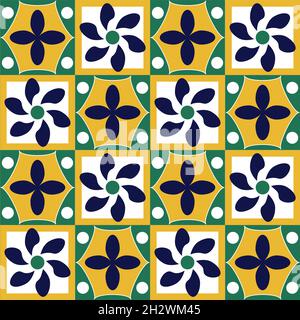 Mexikanisches Motiv. Quadratische Fliesen mit farbigen geometrischen Mustern in gelb, Stock Vektor